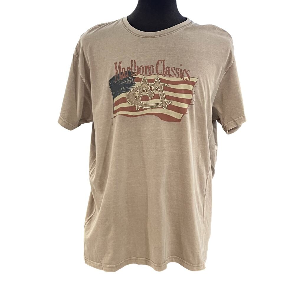 Vintage Marlboro Classics Flag USA Big Logo 90s T Shirt Men Size XXL Beige READ